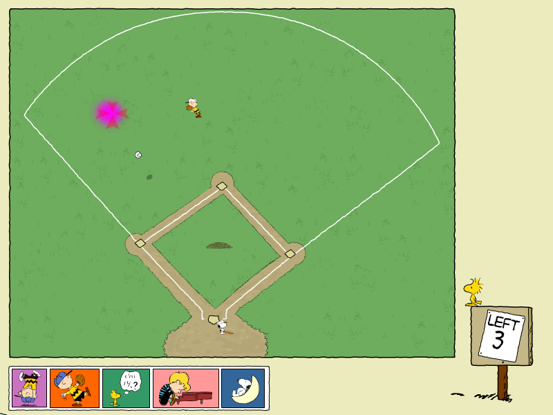 Peanuts: It's the Big Game, Charlie Brown! (Windows) screenshot: Lucy coaches Charlie Brown in fielding; he is running (very slowly) to the purple spot to catch the ball