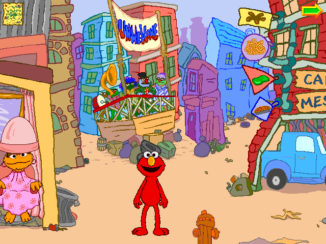 The Adventures of Elmo in Grouchland (Windows) screenshot: A safe landing, with the Unwelcome Committee playing in the background