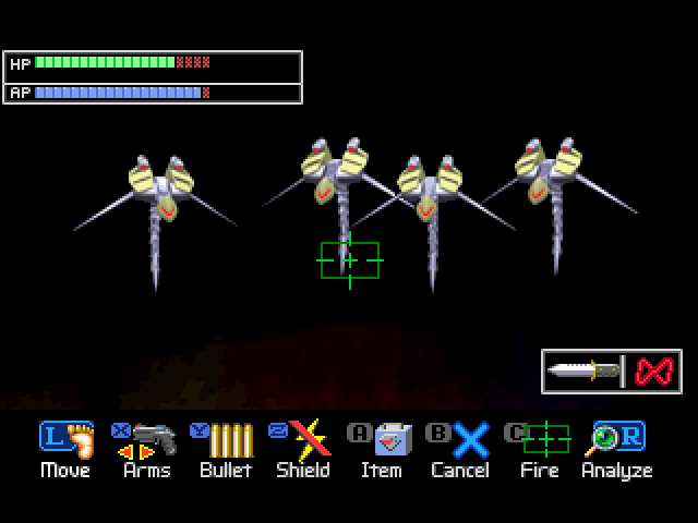 Virus (SEGA Saturn) screenshot: Battle! Those insects can be eliminated with the knife. Watch the blue AP bar: once it's depleted, you can't act until it gradually refills itself.