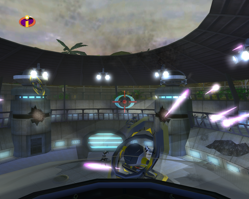 The Incredibles (Windows) screenshot: In this arena level you must blow up the towers that are shooting at you.