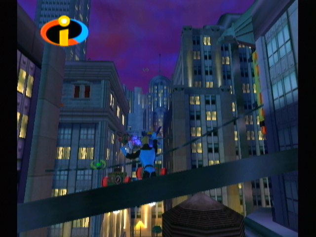 The Incredibles (GameCube) screenshot: Being dragged along by a flying villain.