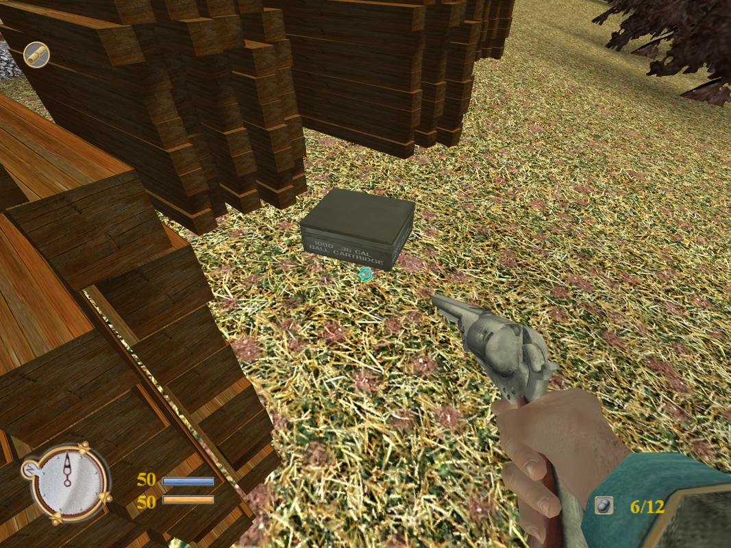 Gods and Generals (Windows) screenshot: Picking up weapons. I knew it said ammoon the outside but all I found inside was a knife. Even better, health packs...have the Swiss cross on them.
