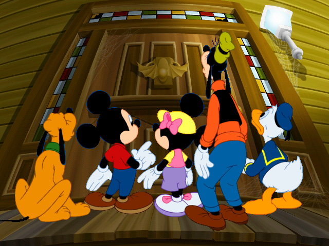 Disney Learning Adventure: Search for the Secret Keys (Windows) screenshot: "This might be the right house" says Mickey, but the rest of the party seems a little dismayed