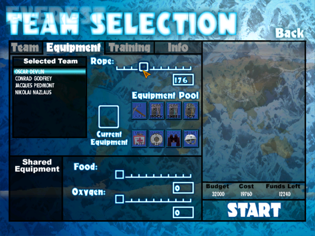 Everest: The Ultimate Strategy Game (Windows) screenshot: Equipping the team.