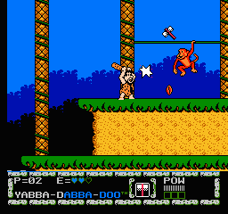 The Flintstones: The Surprise at Dinosaur Peak! (NES) screenshot: Hitting the monkey with the throwing axe and evading the coconut by hitting it with the bat.