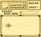 Side Pocket (Game Boy) screenshot: 9-Ball game start: when preparing a shot, the "ghost ball" line marks where the white ball will go. The other balls are converted to numbers in order to make your planning easier.