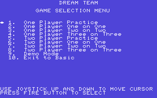 The Dream Team: 3 on 3 Challenge (Commodore 64) screenshot: Main menu