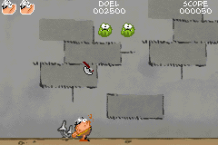 Kid Paddle (Game Boy Advance) screenshot: "Decapitablork": Basically like Space Invaders, though the axe you throw flies in an arc and can hit several Blorks and you as well.