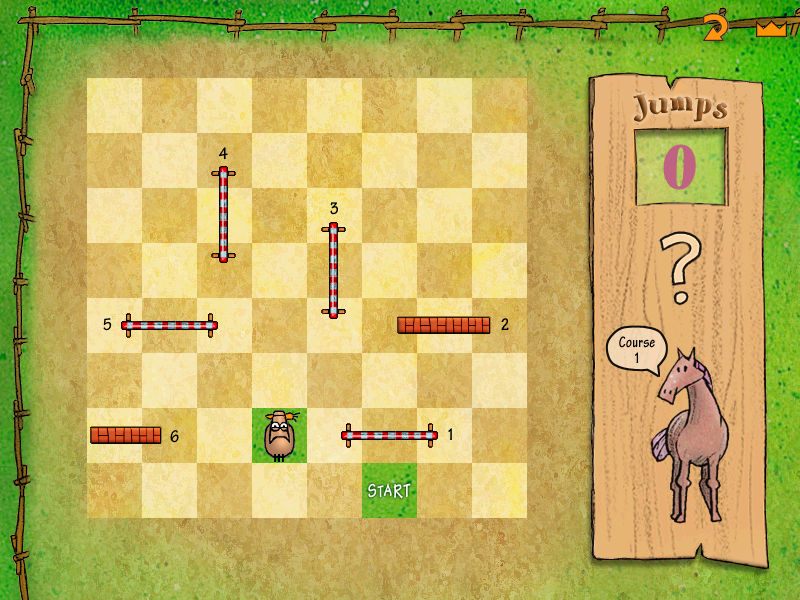 Learn to Play Chess with Fritz & Chesster (Windows) screenshot: These horses can only use a knight's moves to jump the fences in order: two ahead and one to the side