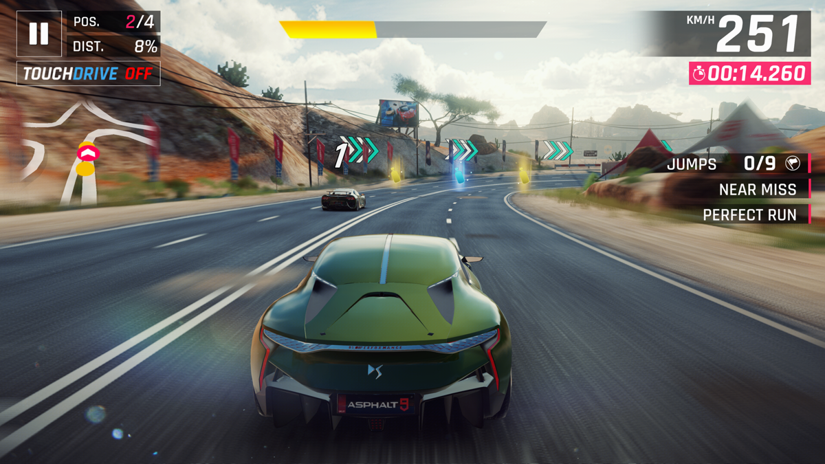 Asphalt 9: Legends (Xbox One) screenshot: Always try to pick up the yellow nitro bottle, it will fill half of your nitro bar.