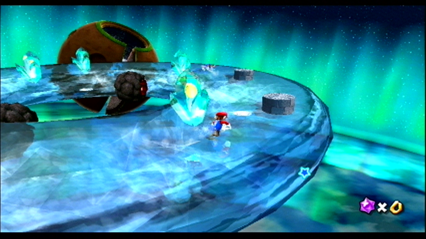 Super Mario Galaxy (Wii) screenshot: Skating on ice to chase a quick penguin