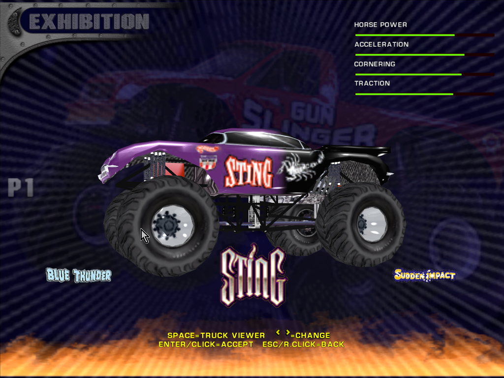 Monster Jam: Maximum Destruction (Windows) screenshot: Car select. There are plenty of cars including ones licenced from Marvel Comics.