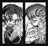 King of Fighters R-1 (Neo Geo Pocket) screenshot: Introduction frame: Kyo Kusanagi and Iori Yagami comparing powers like the old time...