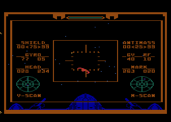 Quest of the Space Beagle (Atari 8-bit) screenshot: Enemy fighter in sight...