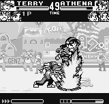 King of Fighters R-1 (Neo Geo Pocket) screenshot: Terry's DM High Angle Geyser is used to stop Athena's jump: he now finishes it with a Power Geyser.