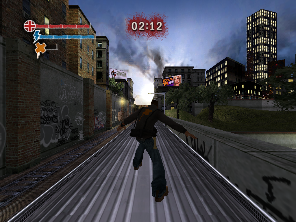 Marc Ecko's Getting Up: Contents Under Pressure (Windows) screenshot: Riding on top of the train outside of the tunnels.