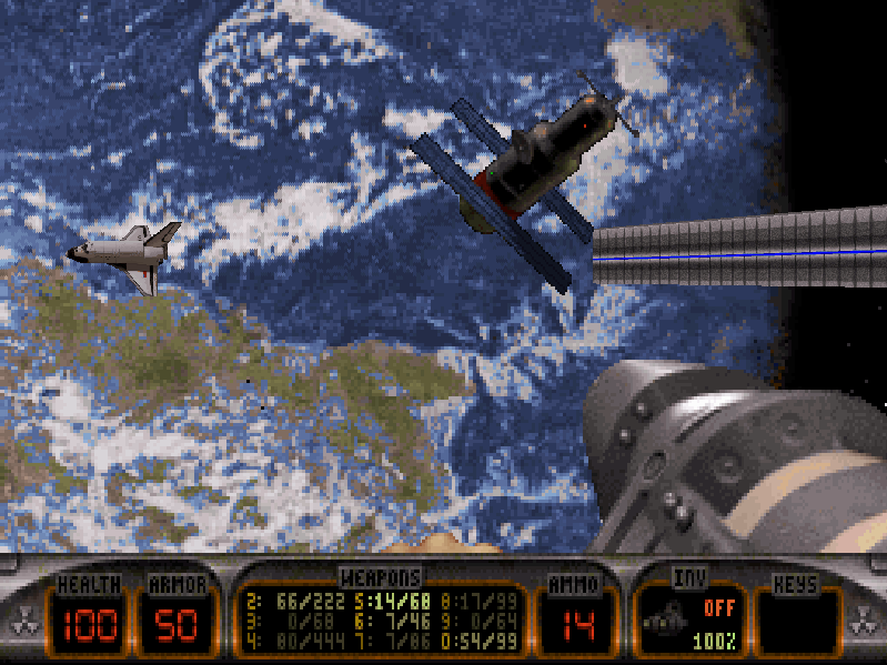 Total Meltdown (DOS) screenshot: Think I'll just go on a little spacewalk to check it out. (Disappointingly, they're pixelated scale model sprites about a dozen paces further.)