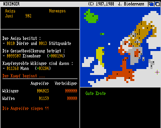 Amiga Spiele 1 (Amiga) screenshot: Wikinger: the map becomes colorful, now there are battles every turn.