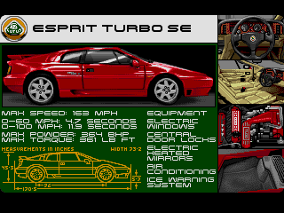 Lotus Turbo Challenge 2 (Amiga) screenshot: Esprit Turbo SE technical details