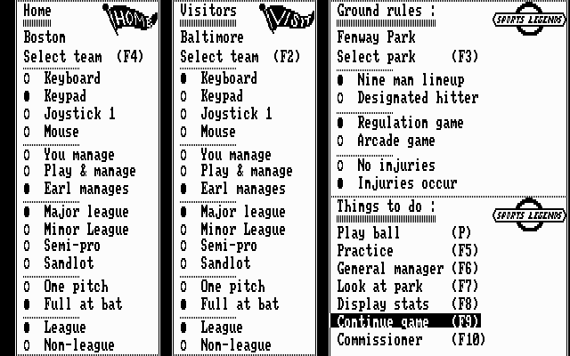 Earl Weaver Baseball (DOS) screenshot: Set up a new game (CGA)
