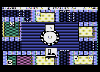 Fooblitzky (Atari 8-bit) screenshot: Spin the wheel to see how far you can move