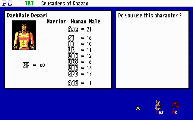 Tunnels & Trolls: Crusaders of Khazan (DOS) screenshot: Character creation