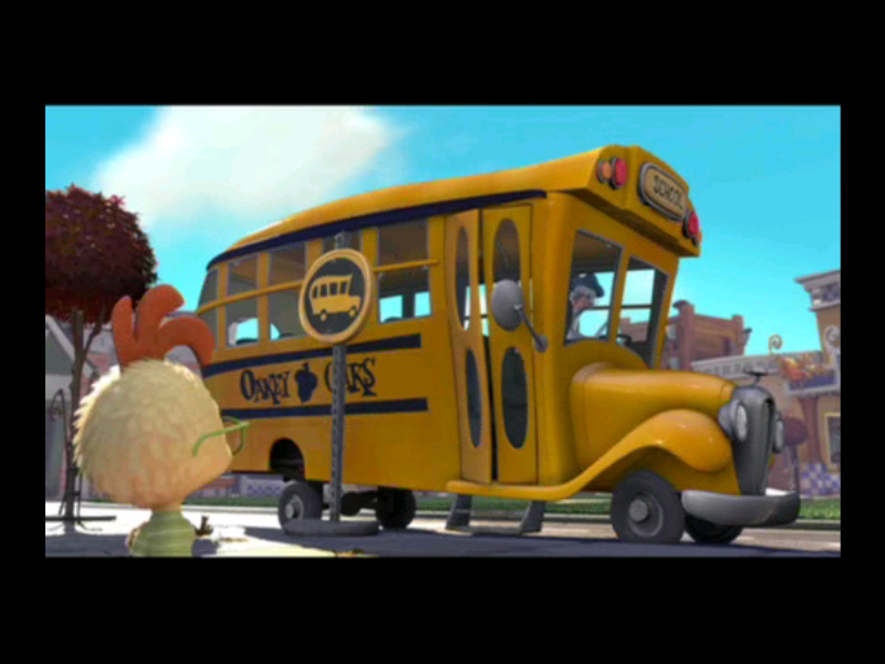 Disney's Chicken Little (Windows) screenshot: Intro - Chicken Little is about to get trampled and miss the bus once again