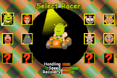 Shrek: Swamp Kart Speedway (Game Boy Advance) screenshot: Choose your racer... Unlock others as you play