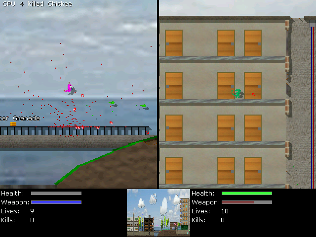 Liero Xtreme (Windows) screenshot: Two-player split-screen; up to 2 players can play on any one computer, with 8 human or AI players total via LAN or Internet