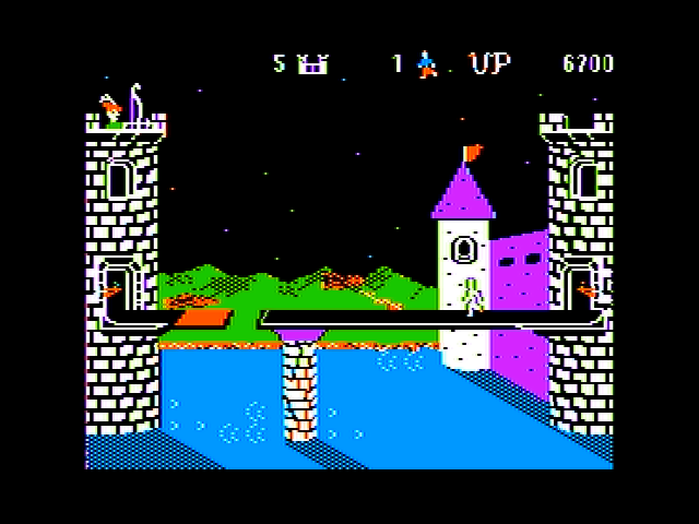 Dragonfire (Apple II) screenshot: When the bridge is open make sure you don't fall in the water.