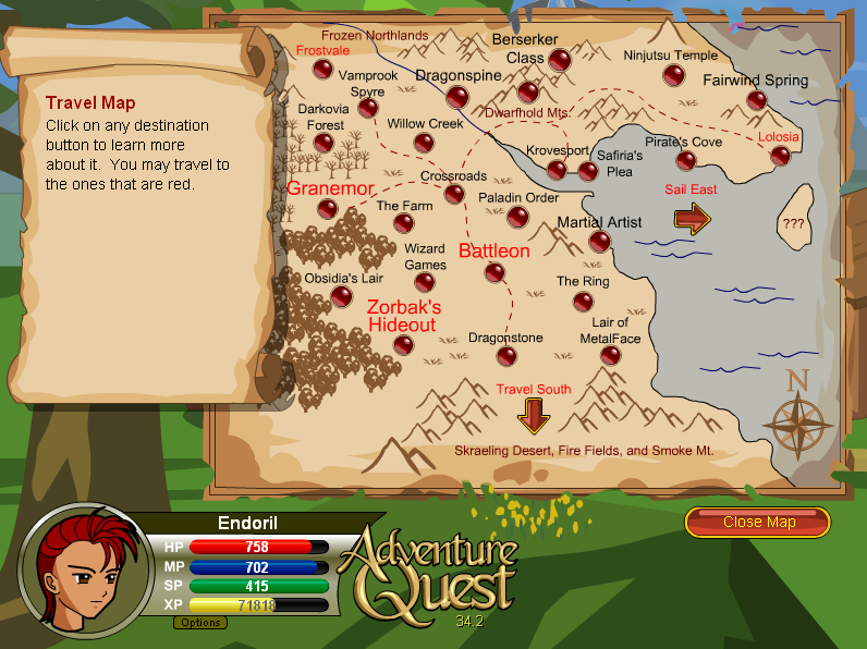 AdventureQuest (Browser) screenshot: The easy-to-use travel map means that any of the notable locations of the realm is just a mouse-click away.