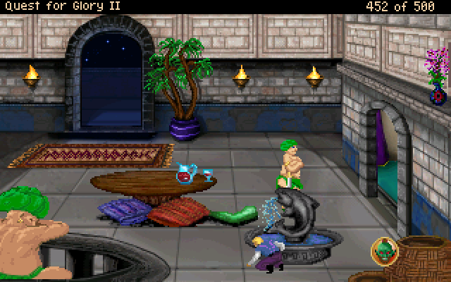 Quest for Glory II: Trial by Fire (Windows) screenshot: You need to sneak past the eunuchs - too bad that most of the time part of the room is obscured by the arrows image (because you only press directions with the keyboard or this image).