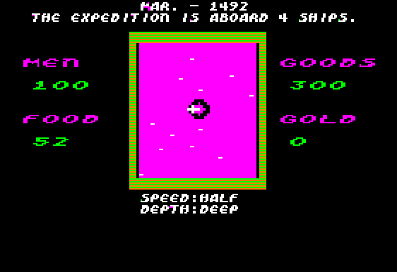 The Seven Cities of Gold (Apple II) screenshot: Off sailing the the unknown ocean
