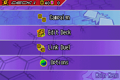 Yu-Gi-Oh!: World Championship Tournament 2004 (Game Boy Advance) screenshot: Edit your deck, or battle... or link with a friend to battle and trade cards