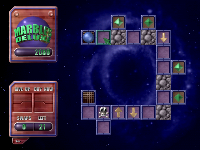 Marbles Deluxe (Windows) screenshot: The rock tiles can be rolled over twice before they disappear, making it possible to take the gems in this stage.