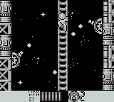Mega Man IV (Game Boy) screenshot: Do'nt stop for a second when climbing past these or they will hit you and knock you off the ladder