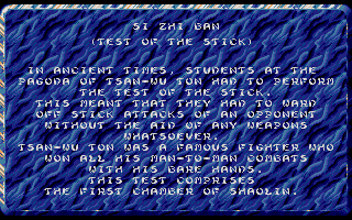 Chambers of Shaolin (Atari ST) screenshot: The background info about the test of the stick