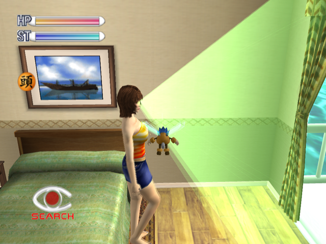 Ka 2: Let's Go Hawaii (PlayStation 2) screenshot: Search mode, where the mosquito has to avoid those green beams.