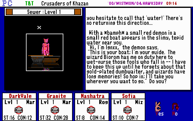 Tunnels & Trolls: Crusaders of Khazan (DOS) screenshot: The City of Gull is full of surprises, especially down in the sewers. Early in the game this will be your unofficial "combat training" place. You even have a demon guide down here...