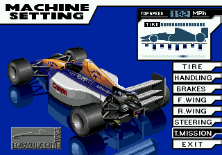 Formula One World Championship: Beyond the Limit (SEGA CD) screenshot: Many parameters can be adjusted on the cars.