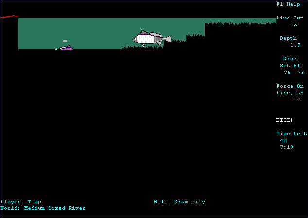 Scaryfish III (Windows) screenshot: When you're fishing, you can sometimes see the fish swimming around. Watch for the word BITE (right side of screen) and the audible warning to know when you have a bite