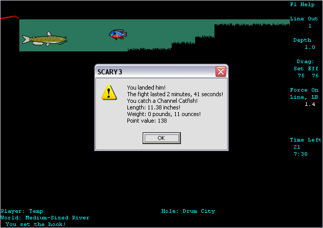 Scaryfish III (Windows) screenshot: Catching a fish reveals all the stats about your catch