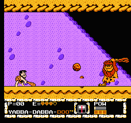 The Flintstones: The Surprise at Dinosaur Peak! (NES) screenshot: ...but Fred shooting the rocks back to this caveman is more funny.