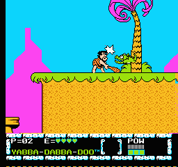 The Flintstones: The Surprise at Dinosaur Peak! (NES) screenshot: Fred hitting a small dinosaur.