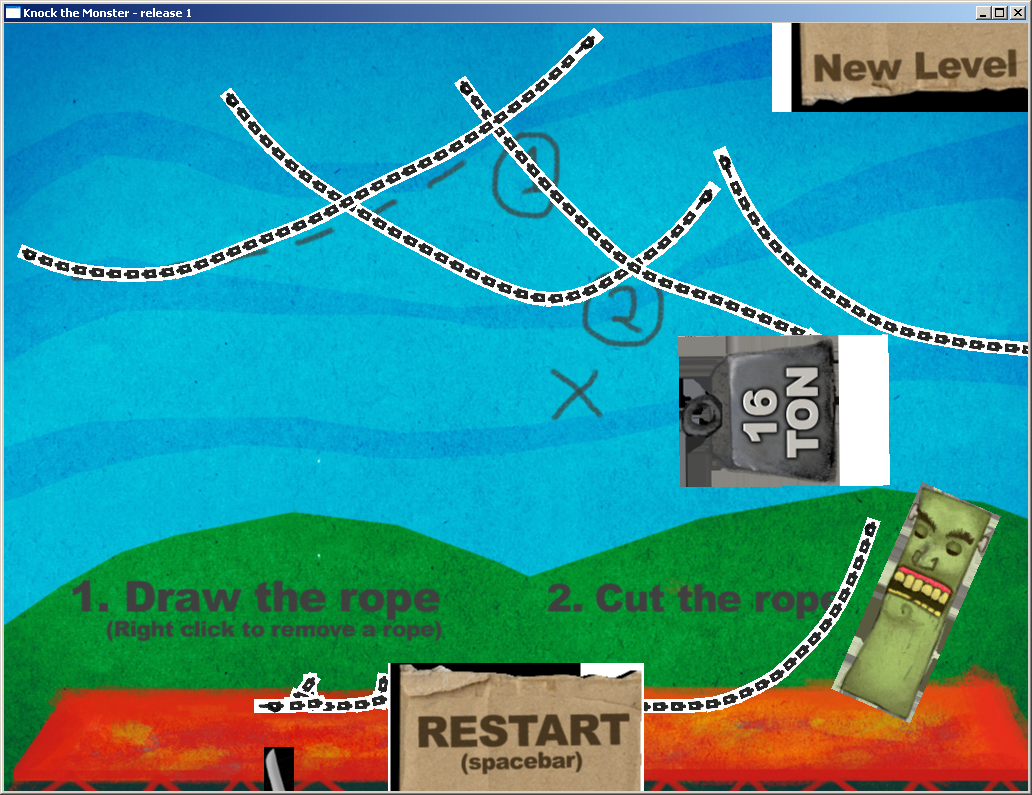 Knock the Monster (Windows) screenshot: The weight swings down, knocks the monster. As per the game's name.
