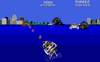 Speedboat Assassins (Atari ST) screenshot: Swerving to take out the tower