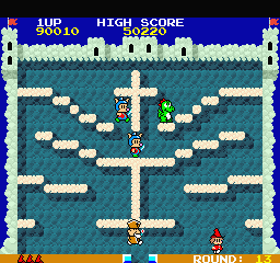 The Fairyland Story (Sharp X68000) screenshot: There's a cross here plus a pope is after me... hmmm