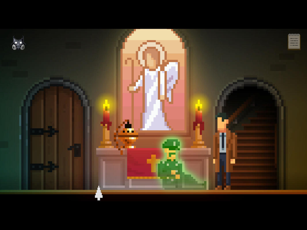 The Darkside Detective (Windows) screenshot: Inside the church. Chief Ghouley of the Darkside's Brightside Division has been wounded by his own men.