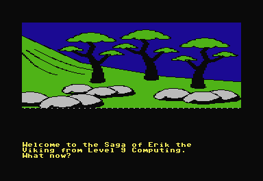 The Saga of Erik the Viking (Commodore 64) screenshot: The game begins at the end of a path, with you, Eric the Viking, sitting on a hill.