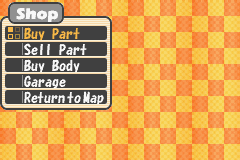 Gadget Racers (Game Boy Advance) screenshot: Use the shops in each world to purchase parts for your car